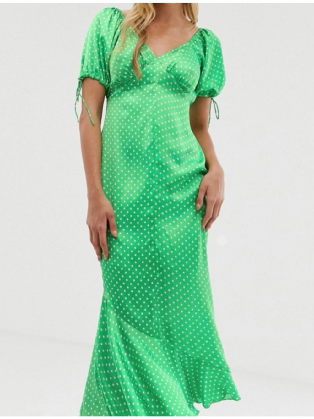ASOS Satin Green Polka Dot Cap Sleeve Sweetheart Neck Line Maxi Dress Size 8